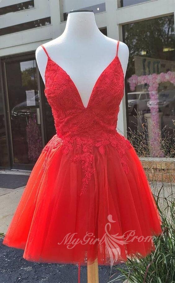Chic A-Line Red Appliques Lace Homecoming Dresses, Tulle Short Prom Dress