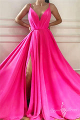 Chic Spaghetti Straps Hot Pink V-Neck Prom Dress with Slit
