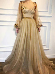 Bling Bling A-Line Scoop Long Sleeves Gold Prom Dress with 3D Floral