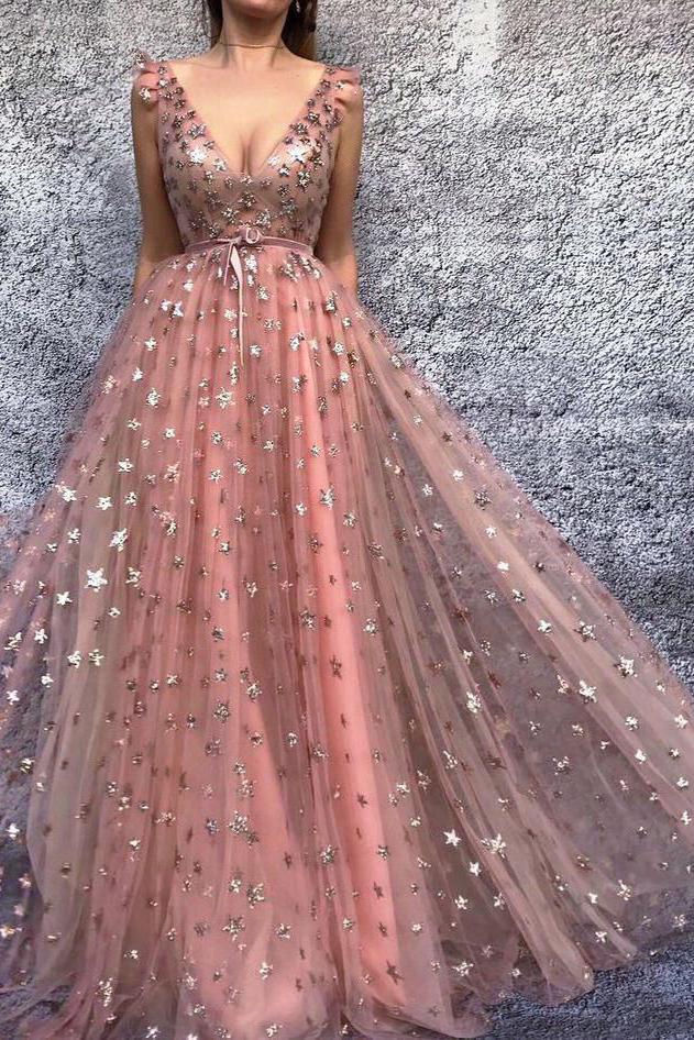 A-Line Pink Long Prom Dresses, Starry Night Formal Evening Dresses