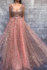 A-Line Pink Long Prom Dresses, Starry Night Formal Evening Dresses