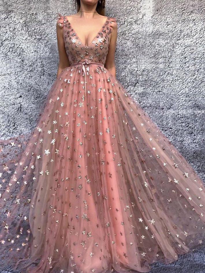 A-Line Pink Long Prom Dresses, Starry Night Formal Evening Dresses