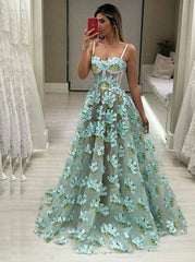 Chic A-Line Spaghetti Straps Tulle 3D Floral Long Prom Dress