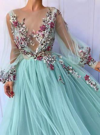 Chic Princess Floral Appliques Long Puff Sleeves Prom Dress