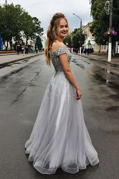 Chic Silver Beaded Off the Shoulder Long Prom Dress V-Neck Tulle Graduation Gown