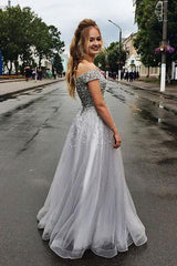 Chic Silver Beaded Off the Shoulder Long Prom Dress V-Neck Tulle Graduation Gown