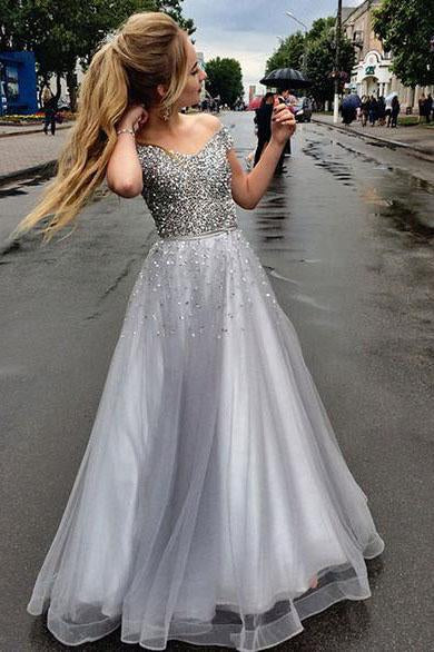 Chic Silver Beaded Off the Shoulder Long Prom Dress V-Neck Tulle Graduation Gown