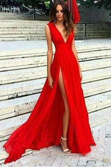 A-Line V-Neck Chiffon Red Long Prom Dress, Red Evening Dress with Split