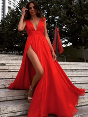 A-Line V-Neck Chiffon Red Long Prom Dress, Red Evening Dress with Split