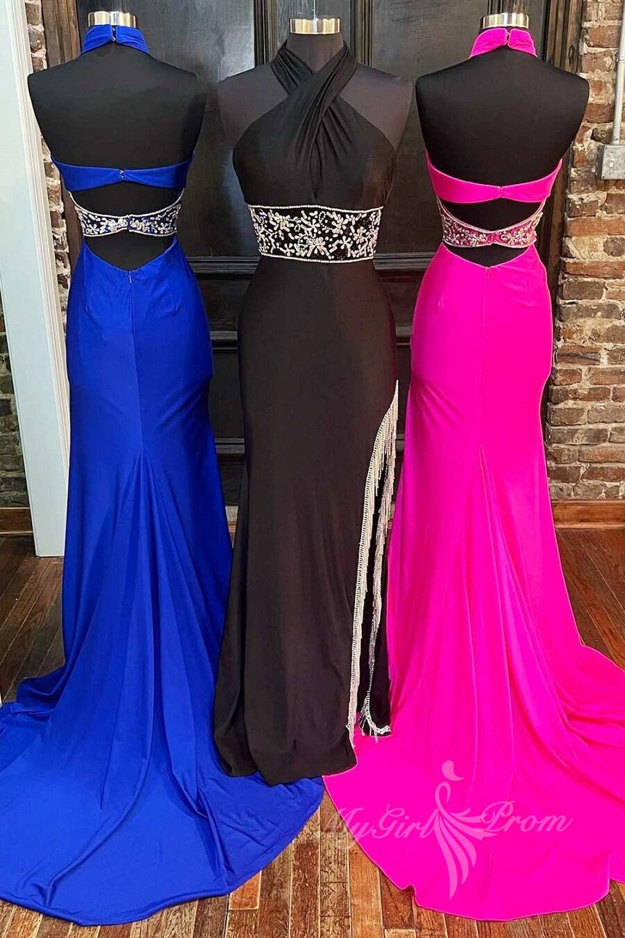Cross-Front Beaded Fringe Hot Pink Long Prom Dress with Slit