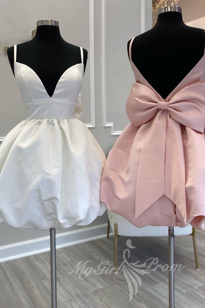Cute A-Line V-Neck Short Homecoming Dresses with Bow, Satin Party Dress