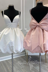 Cute A-Line V-Neck Short Homecoming Dresses with Bow, Satin Party Dress