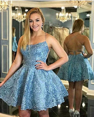 Backless Blue Lace Short Homecoming Dress