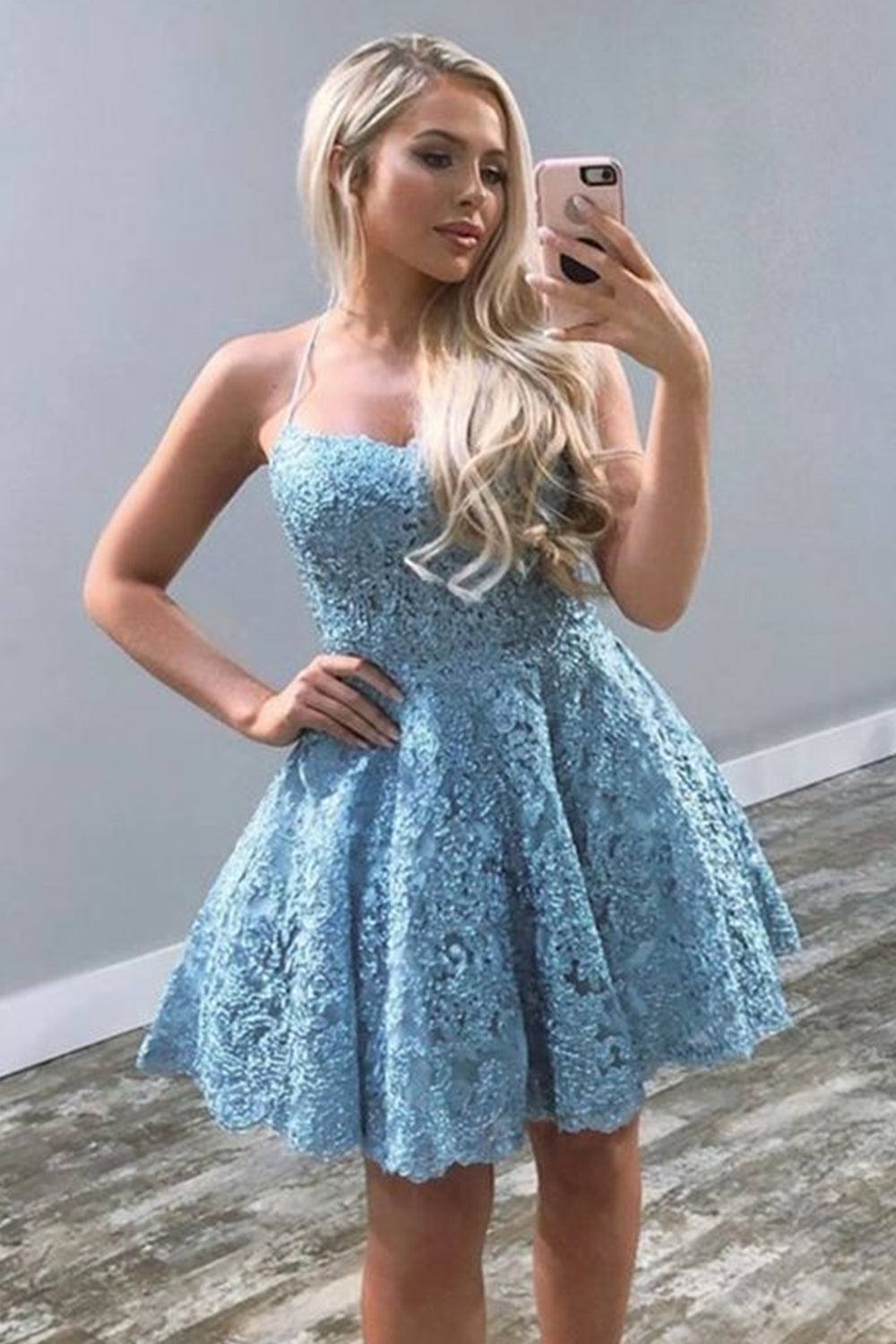 Backless Blue Lace Short Homecoming Dress