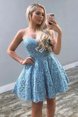 Backless Blue Lace Short Homecoming Dress