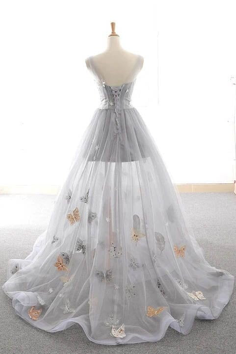 Cute Gray Tulle Star Butterfly Prom Dress Long Lace Up Party Gown