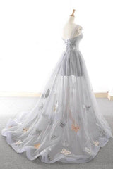 Cute Gray Tulle Star Butterfly Prom Dress Long Lace Up Party Gown