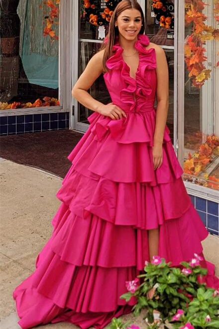 Unique Ruffles Halter Red Tiered Satin Pleated Long Prom Dresses