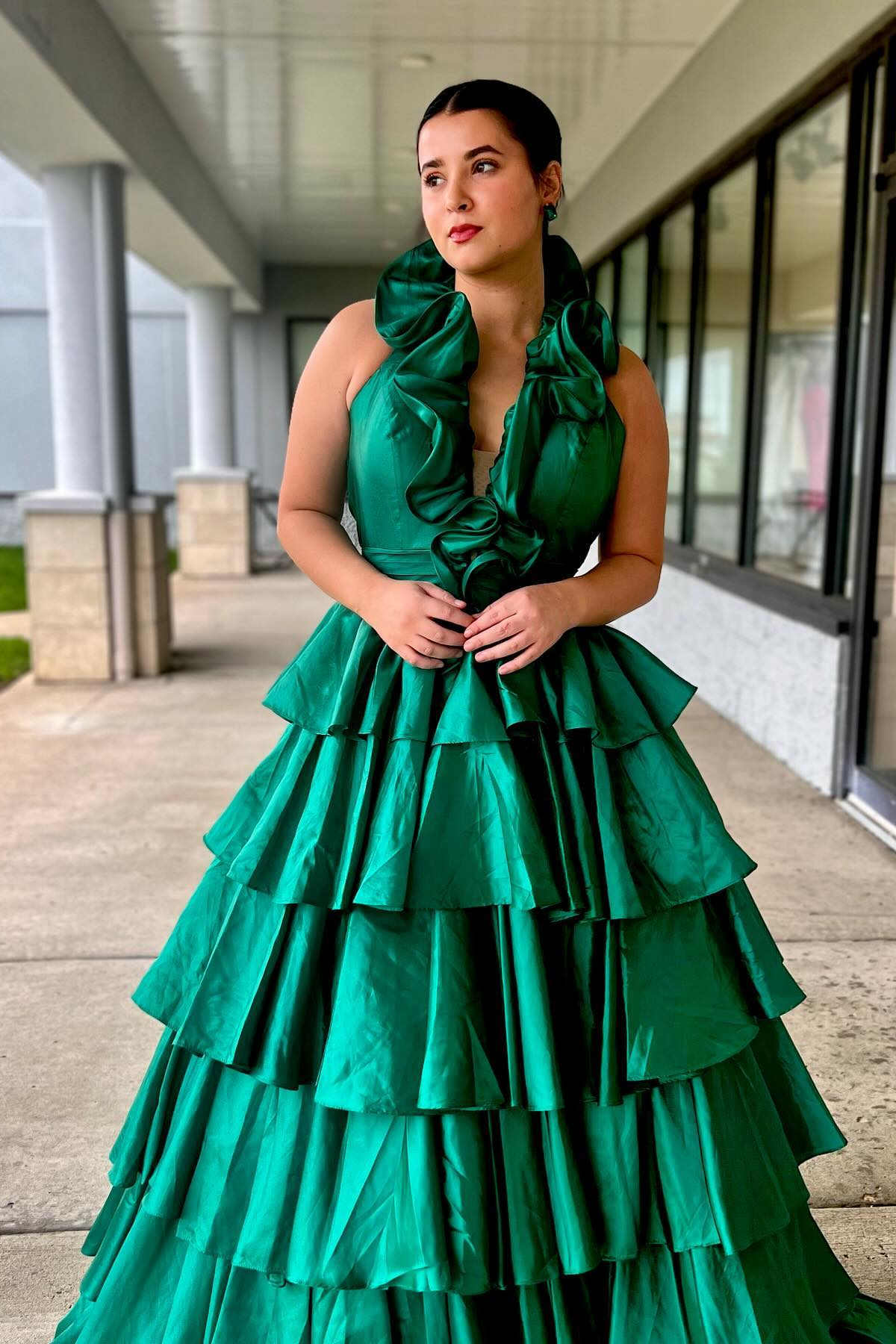 Unique Ruffles Halter Red Tiered Satin Pleated Long Prom Dresses