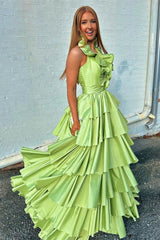 Unique Ruffles Halter Red Tiered Satin Pleated Long Prom Dresses