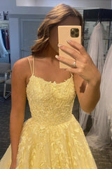 Daffodil Tulle Long Prom Dresses, Floral Appliques Formal Evening Dress