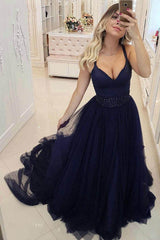 Dark Royal Blue Tulle Long Prom Dresses, Formal Party Dress with Beading