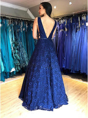 A-Line V-Neck Beading Dark Blue Lace Backless Long Prom Dress