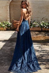 Dark Blue Lace Long Prom Dress, V-Neck Backless Evening Dress