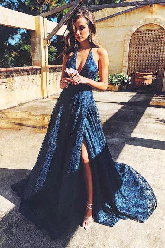 Dark Blue Lace Long Prom Dress, V-Neck Backless Evening Dress