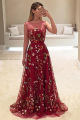 Dark Red Bateau Tulle A-Line Long Prom Dress with Floral Embroidery