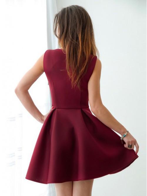 Burgundy A-Line V-Neck Pleated Satin Short Homecoming Dress