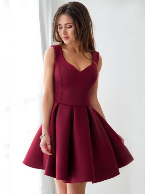 Burgundy A-Line V-Neck Pleated Satin Short Homecoming Dress