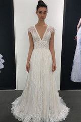 Deep V-Neck Keyhole Back A-Line Lace Bohemian Wedding Dress
