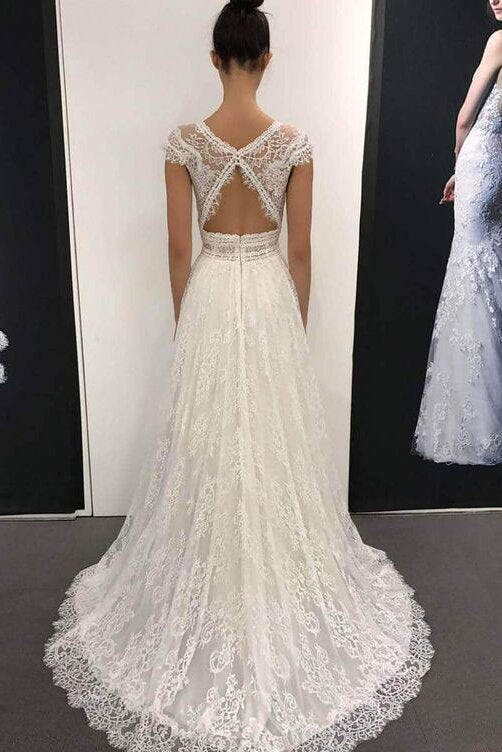 Deep V-Neck Keyhole Back A-Line Lace Bohemian Wedding Dress
