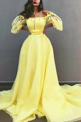 Disney Princess Yellow Off-Shoulder Chiffon Puff Sleeve Prom Dress