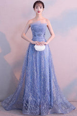 Dusty Blue Tulle Strapless Beaded A-Line Long Prom Dress