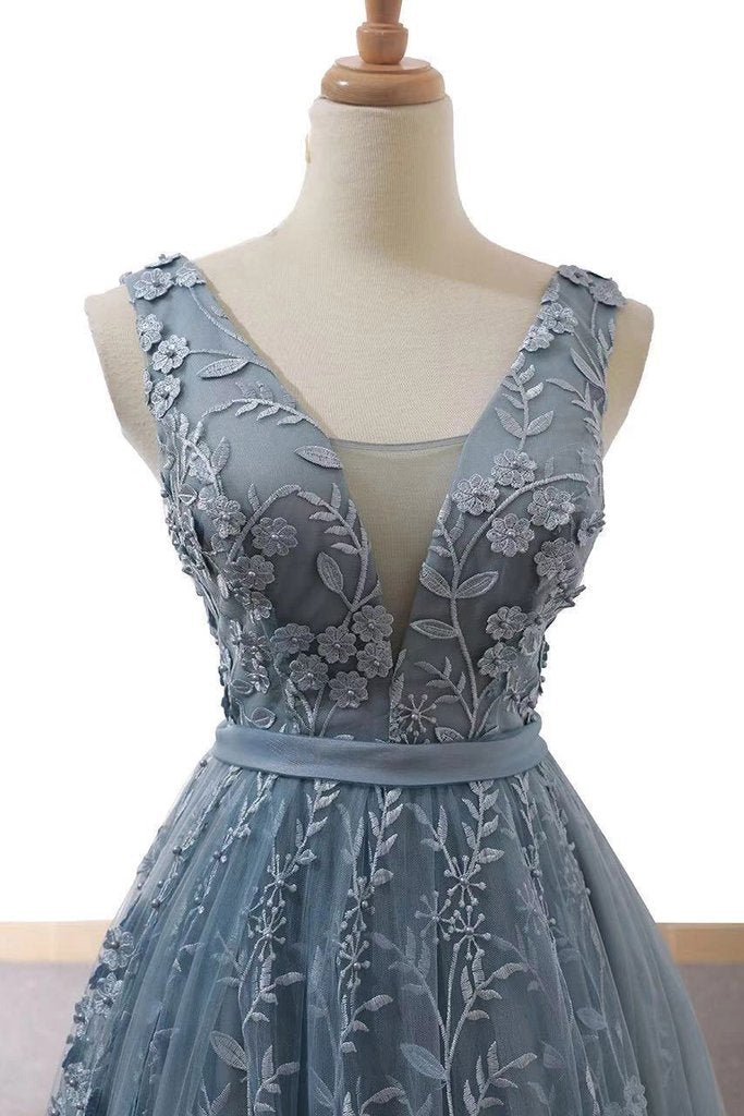 Dusty Blue Tulle Long Prom Dress with Appliques, Formal Gown