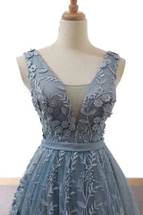Dusty Blue Tulle Long Prom Dress with Appliques, Formal Gown