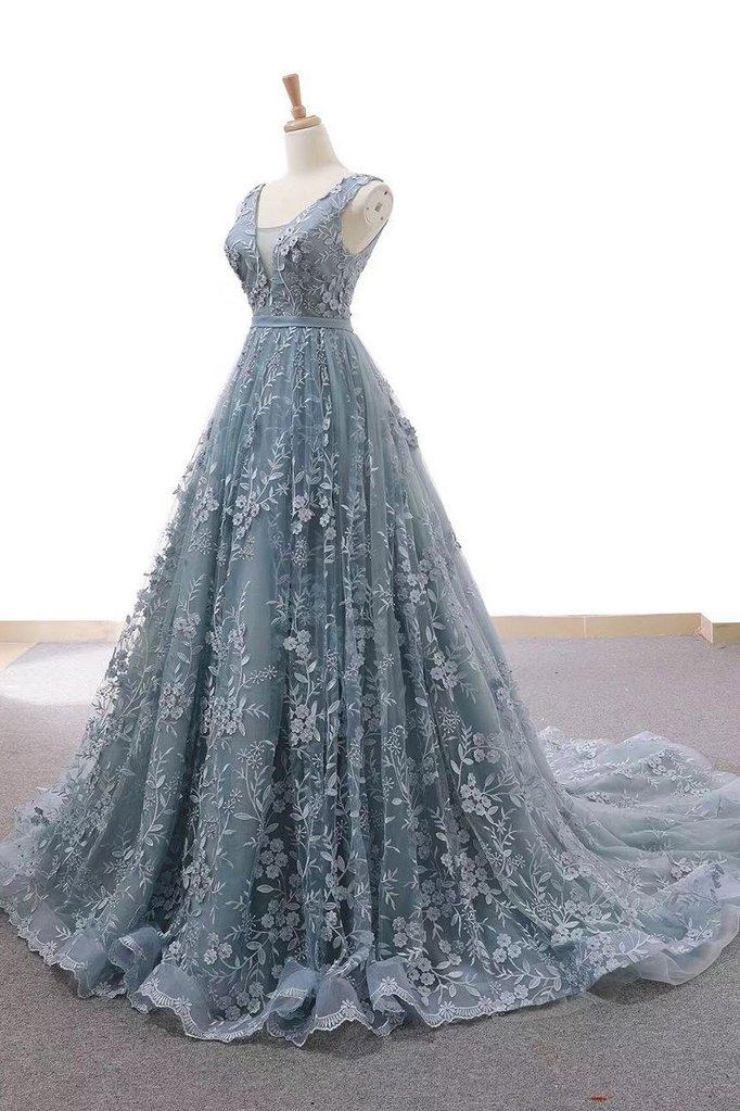 Dusty Blue Tulle Long Prom Dress with Appliques, Formal Gown