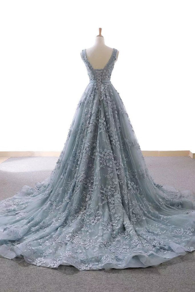 Dusty Blue Tulle Long Prom Dress with Appliques, Formal Gown