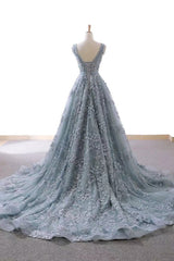 Dusty Blue Tulle Long Prom Dress with Appliques, Formal Gown