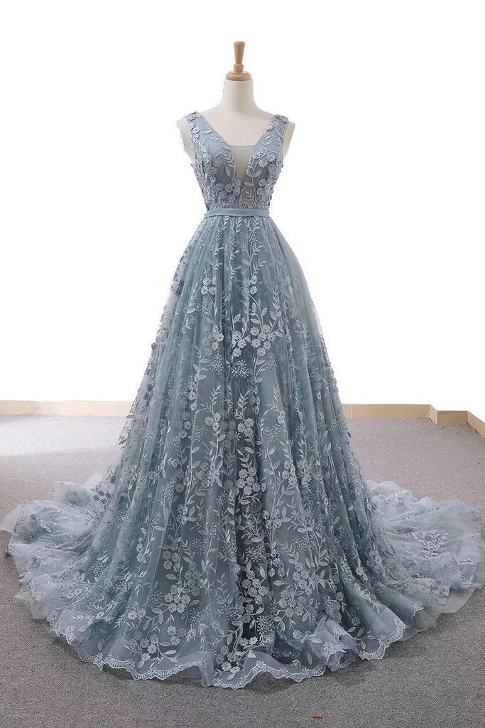 Dusty Blue Tulle Long Prom Dress with Appliques, Formal Gown