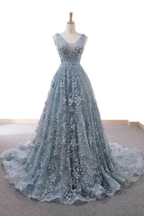 Dusty Blue Tulle Long Prom Dress with Appliques, Formal Gown
