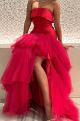 Elegant A-Line Strapless Hot Pink Tiered Tulle Prom Dress with Slit