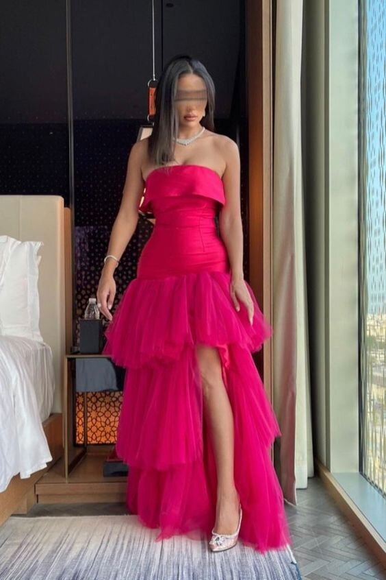 Elegant A-Line Strapless Hot Pink Tiered Tulle Prom Dress with Slit
