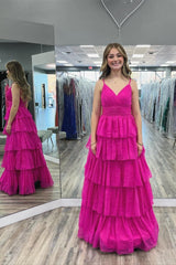Elegant A-Line Fuchsia Pleated Tiered Tulle Long Prom Dress