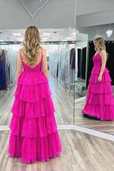 Elegant A-Line Fuchsia Pleated Tiered Tulle Long Prom Dress