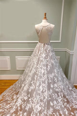 Elegant A-Line V-Neck Applique Long Plus Size Lace Wedding Dress