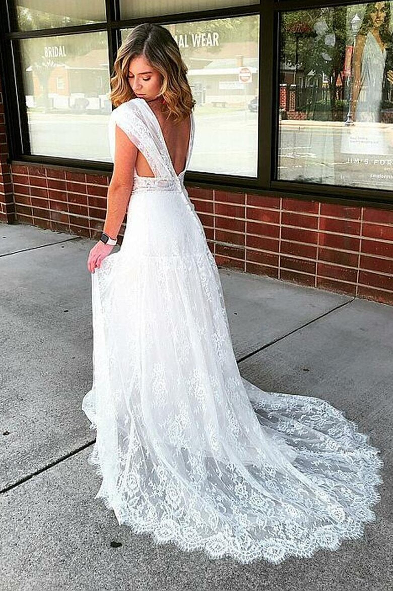 Elegant A-Line V-Neck Lace Beach Wedding Dress, Bohemian Bridal Gown