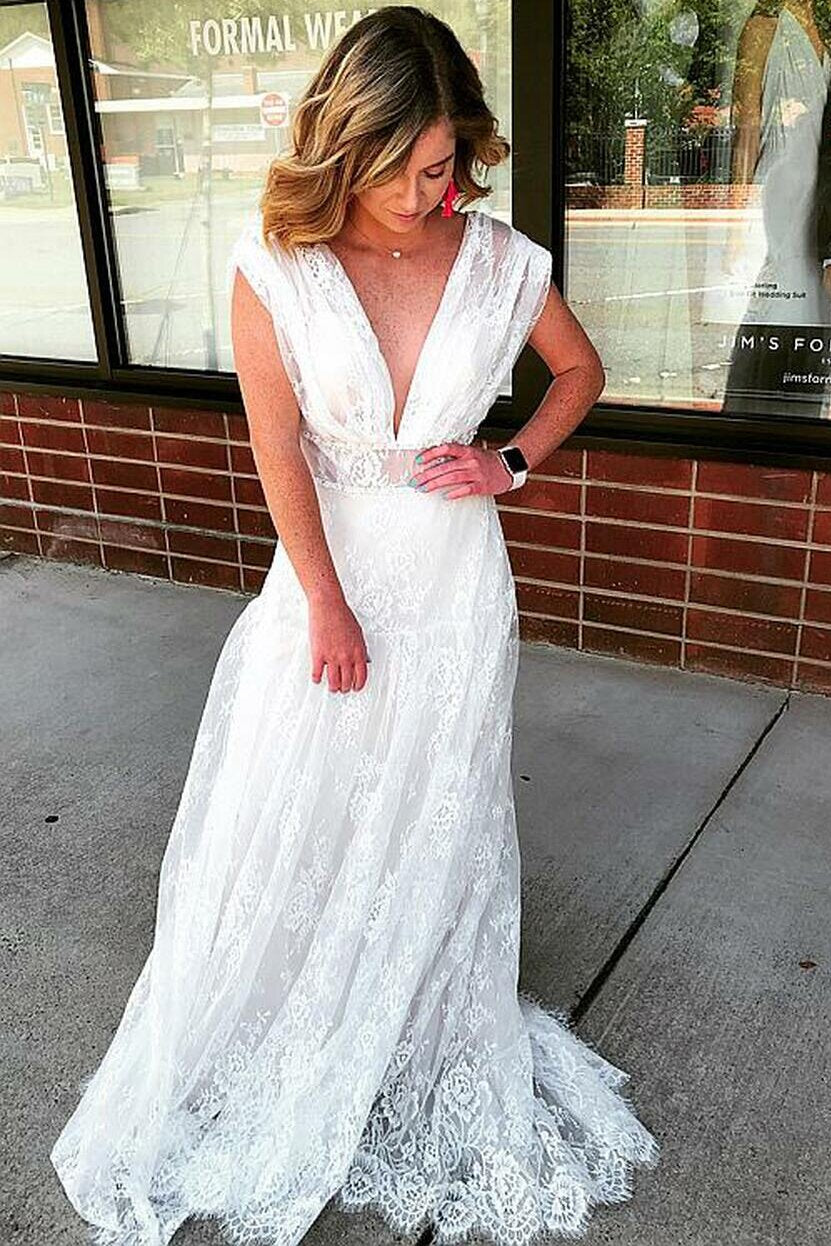 Elegant A-Line V-Neck Lace Beach Wedding Dress, Bohemian Bridal Gown